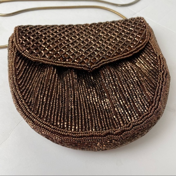 Vintage GENIE Beaded Purse Brown Evening Crossbody Bag HONG KONG HandMade - Picture 2 of 6